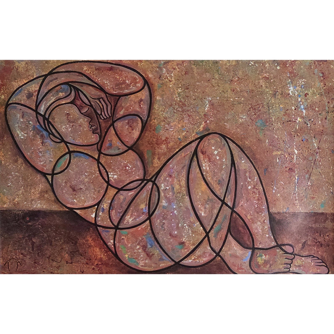 Reclining Male by Anthony Armstrong - Abstract artwork of a reclining figure with wavy lines on a textured background
