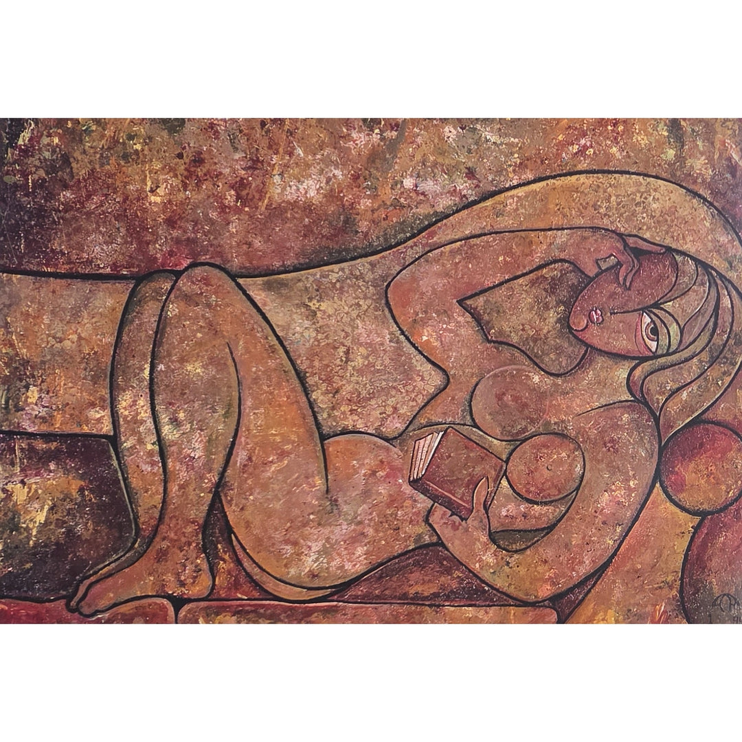 Reclining Nude Female by Anthony Armstrong - Abstract artwork of a reclining figure holding a book on a textured brown background