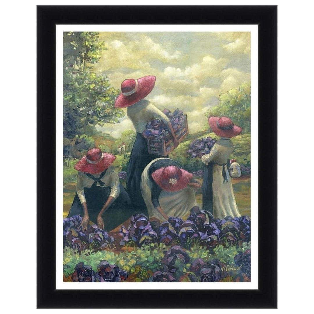 Purple Cabbage and Red Hats by John Holyfield (Black Frame) - Framed artwork of women in a field with purple flowers and red hats.