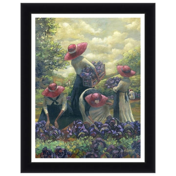 Purple Cabbage and Red Hats by John Holyfield (Black Frame) - Framed artwork of women in a field with purple flowers and red hats.