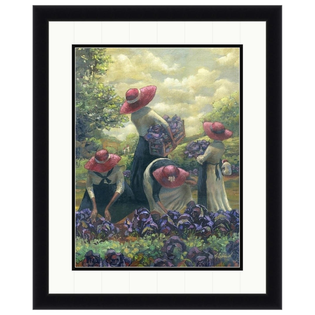 Purple Cabbage and Red Hats by John Holyfield (Double Matted w/ Black Frame) - Framed artwork of women in a garden with purple flowers and red hats.