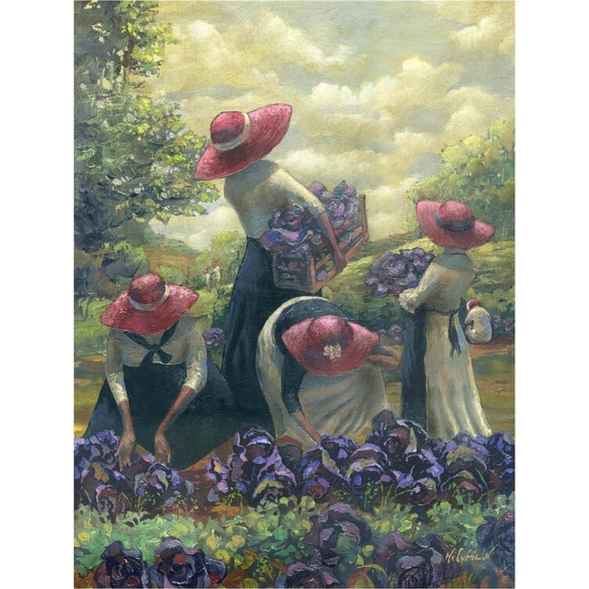 Purple Cabbage and Red Hats by John Holyfield (Main) - Painting of women picking flowers in a field with a woman carrying a basket of flowers.