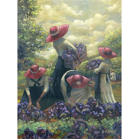 Purple Cabbage and Red Hats by John Holyfield (Main) - Painting of women picking flowers in a field with a woman carrying a basket of flowers.