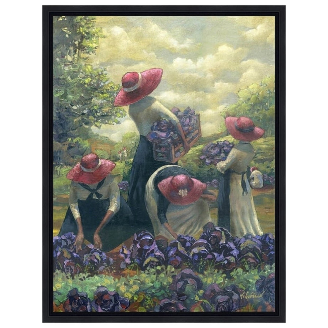 Purple Cabbage and Red Hats by John Holyfield (Stretched Canvas w/ Black Floater Frame) - Painting of women in a garden with purple flowers and red hats.