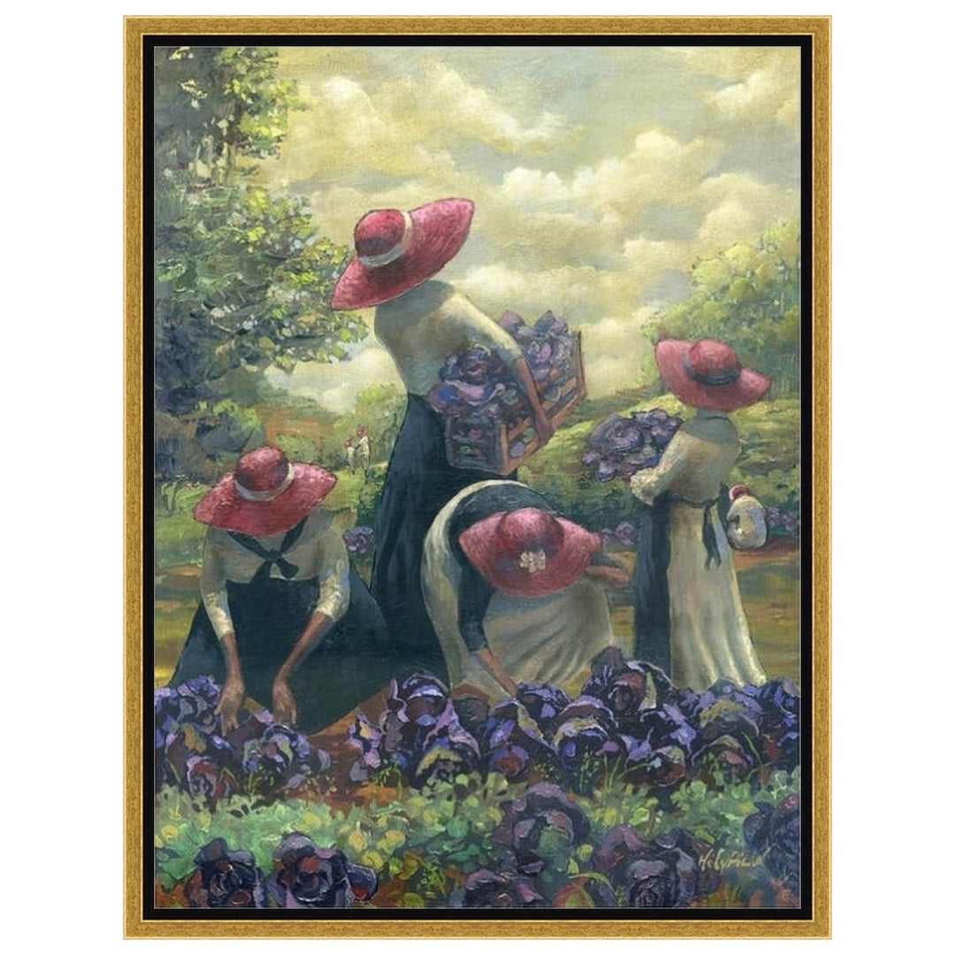 Purple Cabbage and Red Hats by John Holyfield (Stretched Canvas w/ Gold Frame) - Painting of women in hats tending to purple flowers in a garden