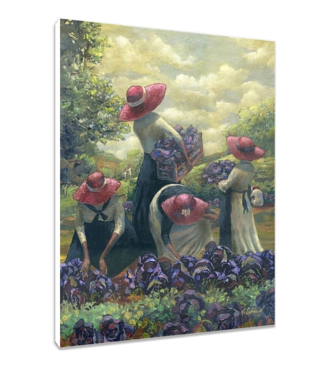 Purple Cabbage and Red Hats by John Holyfield (Stretched Canvas) - Painting of women in red hats tending to purple flowers in a garden