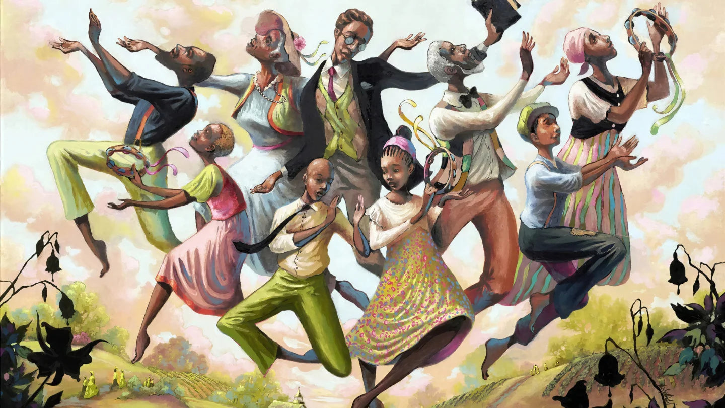 John Holyfield Art Gallery - illustration of a group of people dancing in a stylized, colorful setting.