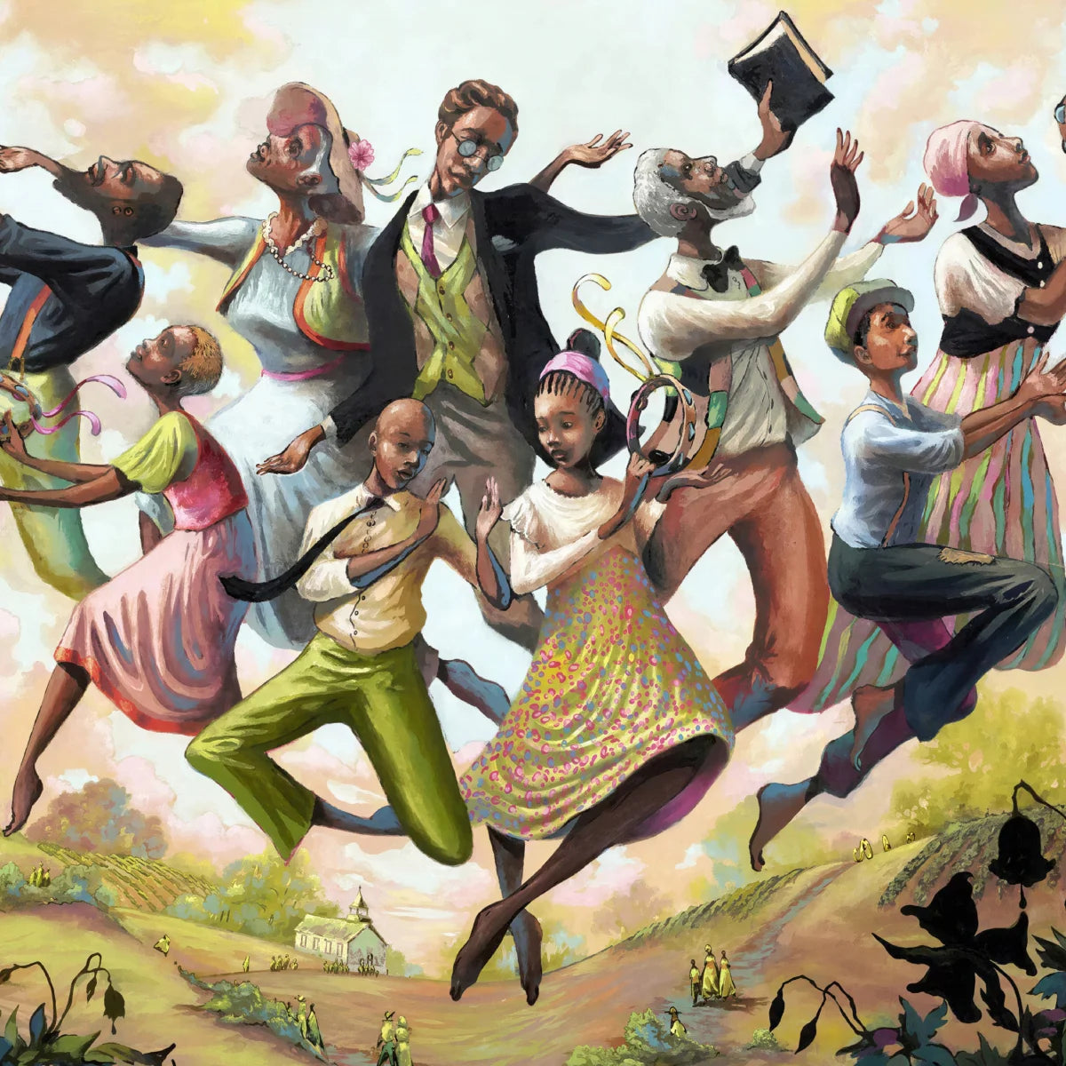John Holyfield Art Gallery - Illustration of a group of people dancing in a field with a colorful sky.