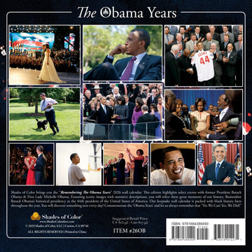 Remembering The Obamas: 2026 Commemorative Black History Calendar (Back) - Collage of images from 'The Obama Years' calendar with various photos of former President Barack Obama and First Lady Michelle Obama.