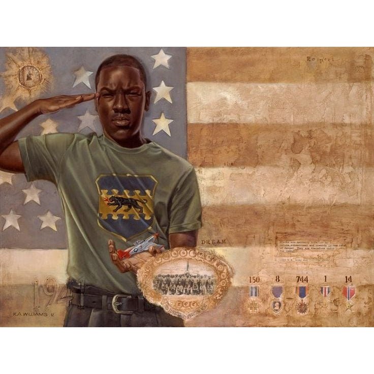 Respect the Dream: Tuskegee Airmen by K.A. Williams II - Man saluting in front of an American flag with military insignia and symbols.