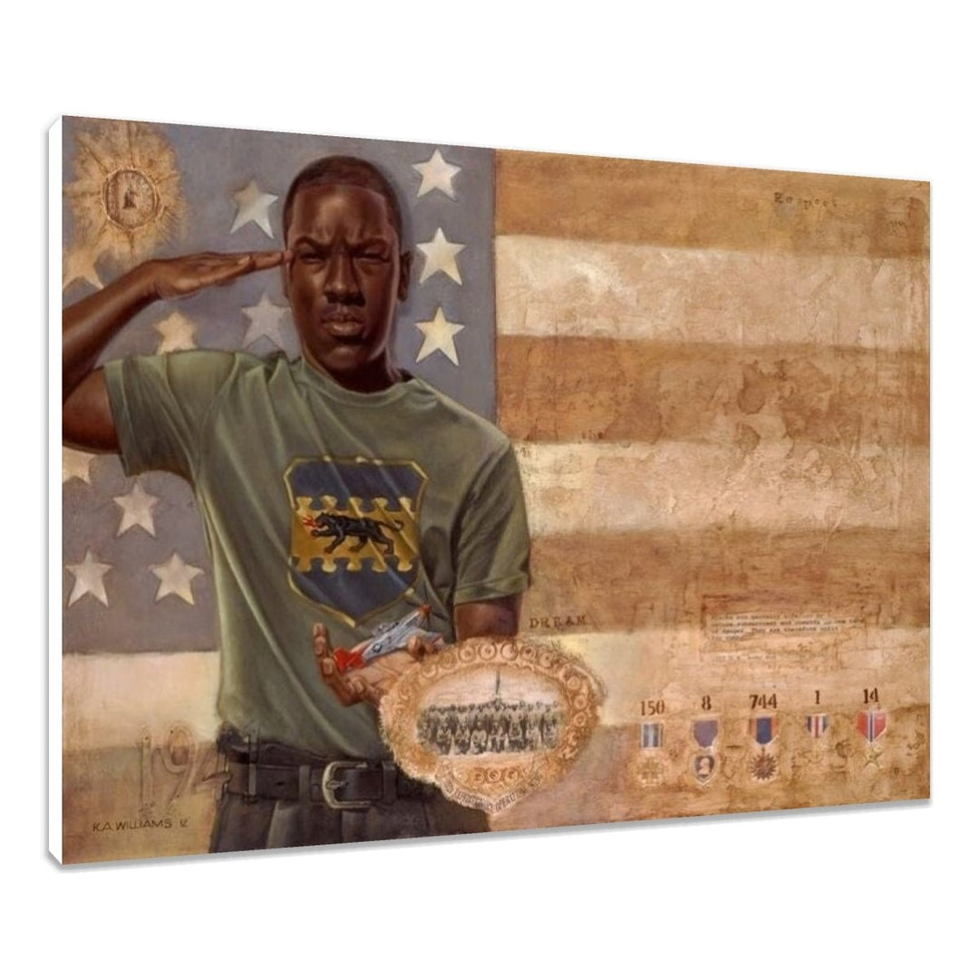 Respect the Dream: Tuskegee Airmen by K.A. Williams II (Stretched Canvas) - Man saluting in front of an American flag with military insignia