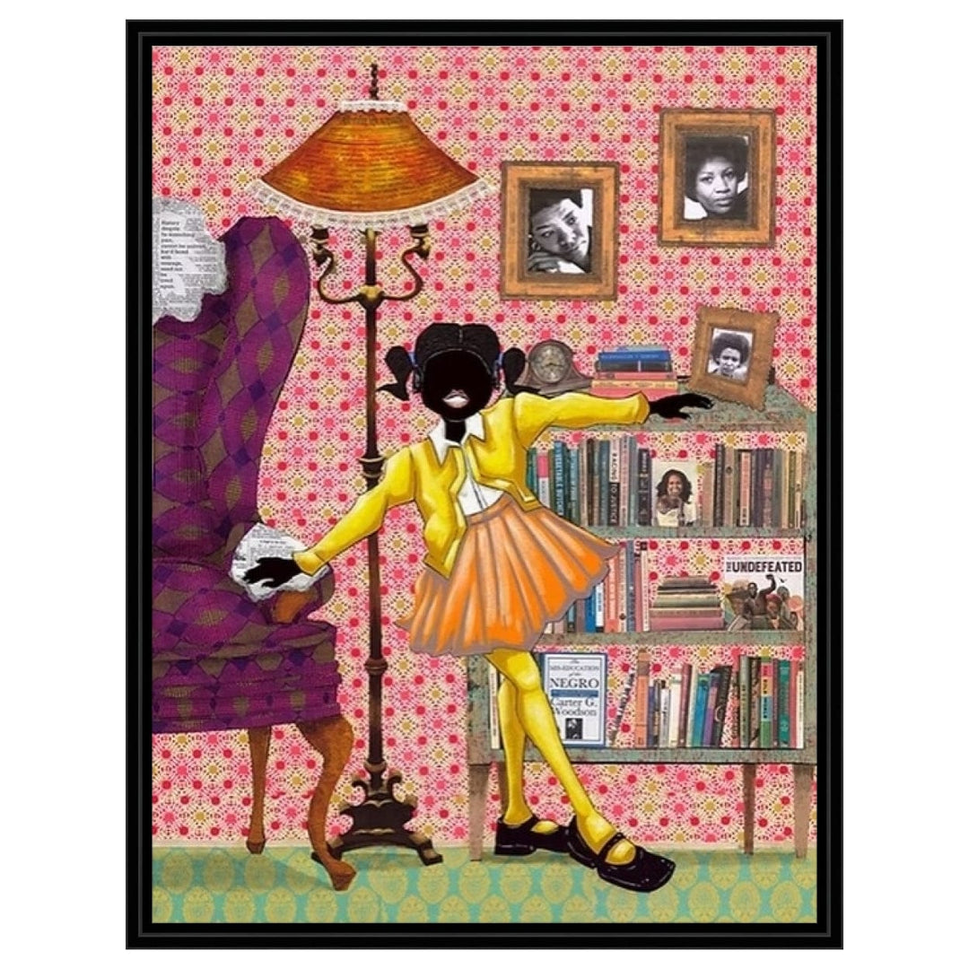 Self-Education by Leroy Campbell: young black girl standing in front of a bookshelf (Stretched Canvas with Black Frame)