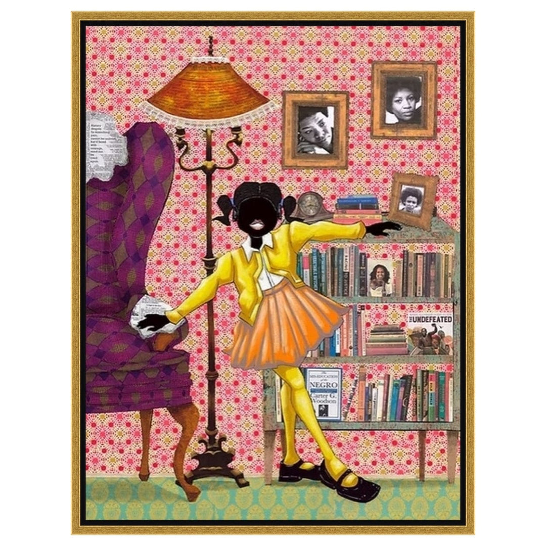 Self-Education by Leroy Campbell: young black girl standing in front of a bookshelf (Stretched Canvas with Gold Frame)