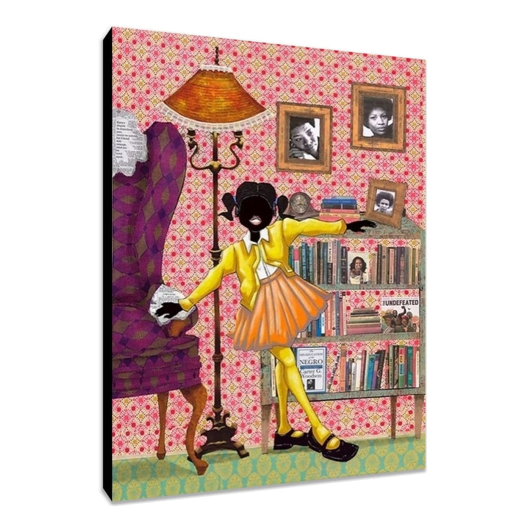 Self-Education by Leroy Campbell: young black girl standing in front of a bookshelf (Stretched Canvas)