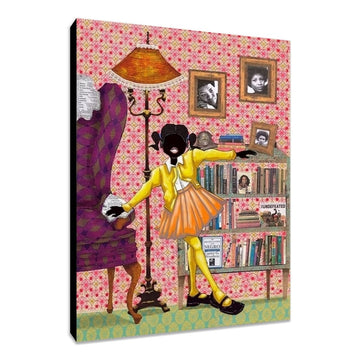 Self-Education by Leroy Campbell: young black girl standing in front of a bookshelf (Stretched Canvas)