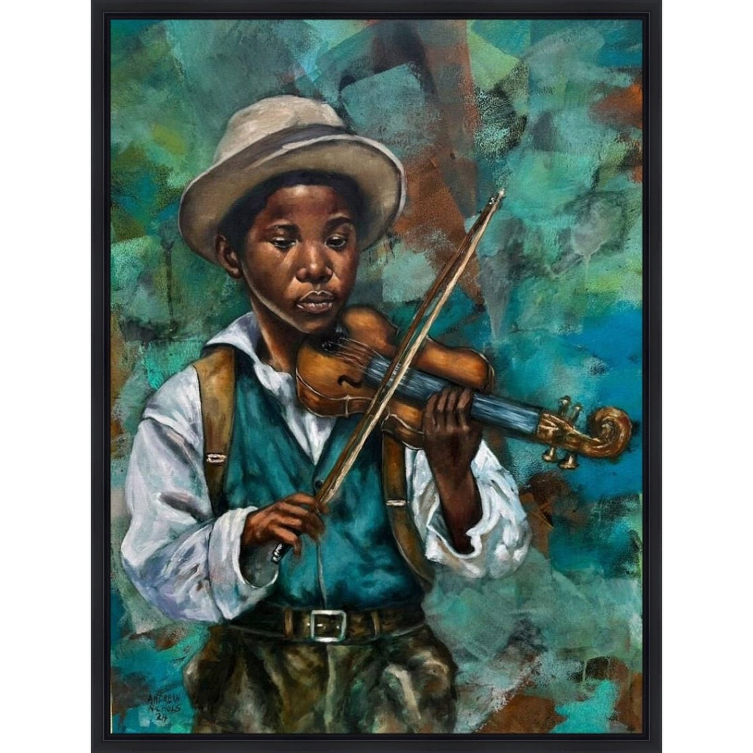 Serenity: The Fiddler by Andrew Nichols (Black Floater Frame) Artistic depiction of a young boy playing a violin against a textured background