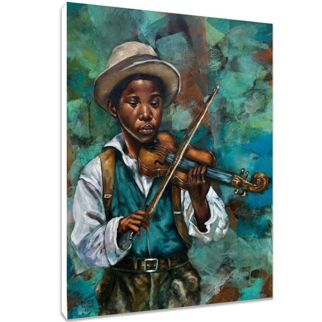 Serenity: The Fiddler by Andrew Nichols (Stretched Canvas) - Painting of a young boy playing a violin against a textured blue and green background