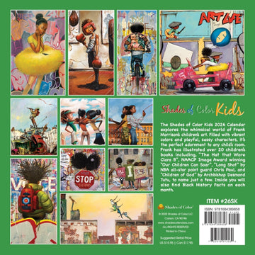 Shades of Color Kids by Frank Morrison: 2026 African American Calendar (Back) - Collage of artwork from the Shades of Color Kids 2024 Calendar on a green background