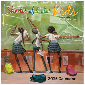 Shades of Color Kids by Frank Morrison: 2026 African American Calendar (Front) - 2026 calendar cover featuring children in a classroom with a green chalkboard.