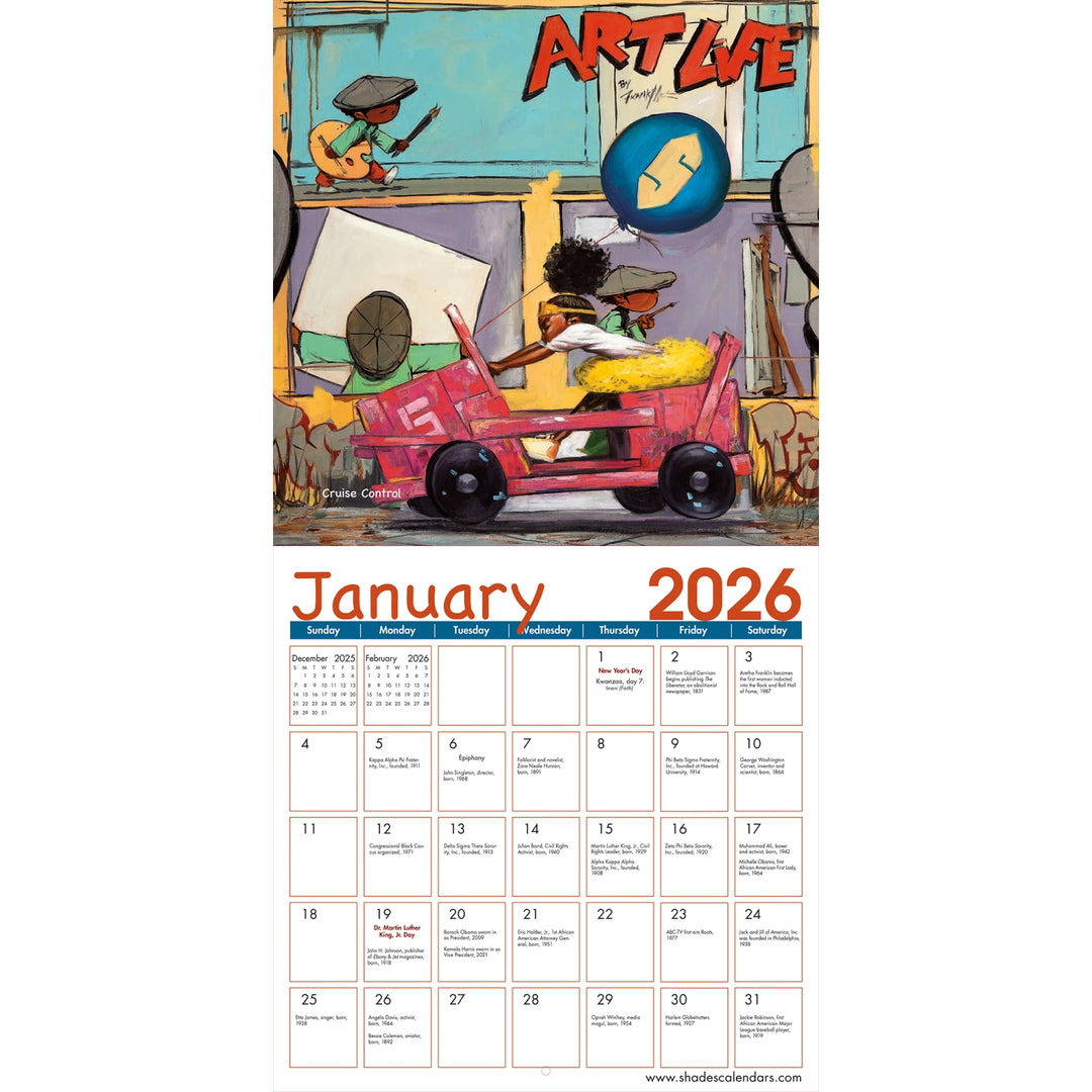 Shades of Color Kids by Frank Morrison: 2026 African American Calendar (Inside) - Calendar for January 2026 with a colorful illustration of children playing on a street.