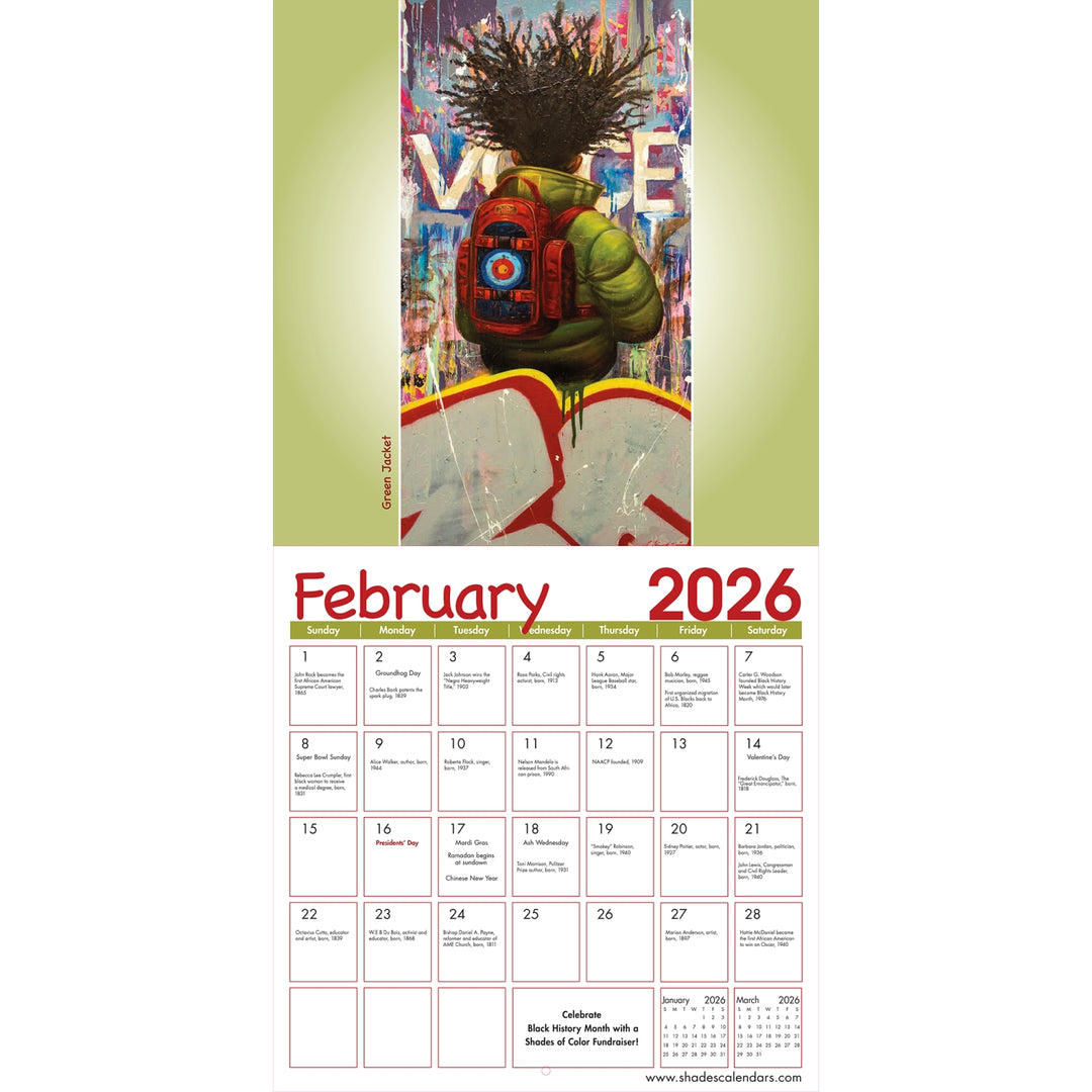 Shades of Color Kids by Frank Morrison: 2026 African American Calendar (Inside 2) - Calendar for February 2026 with a colorful design on a white background
