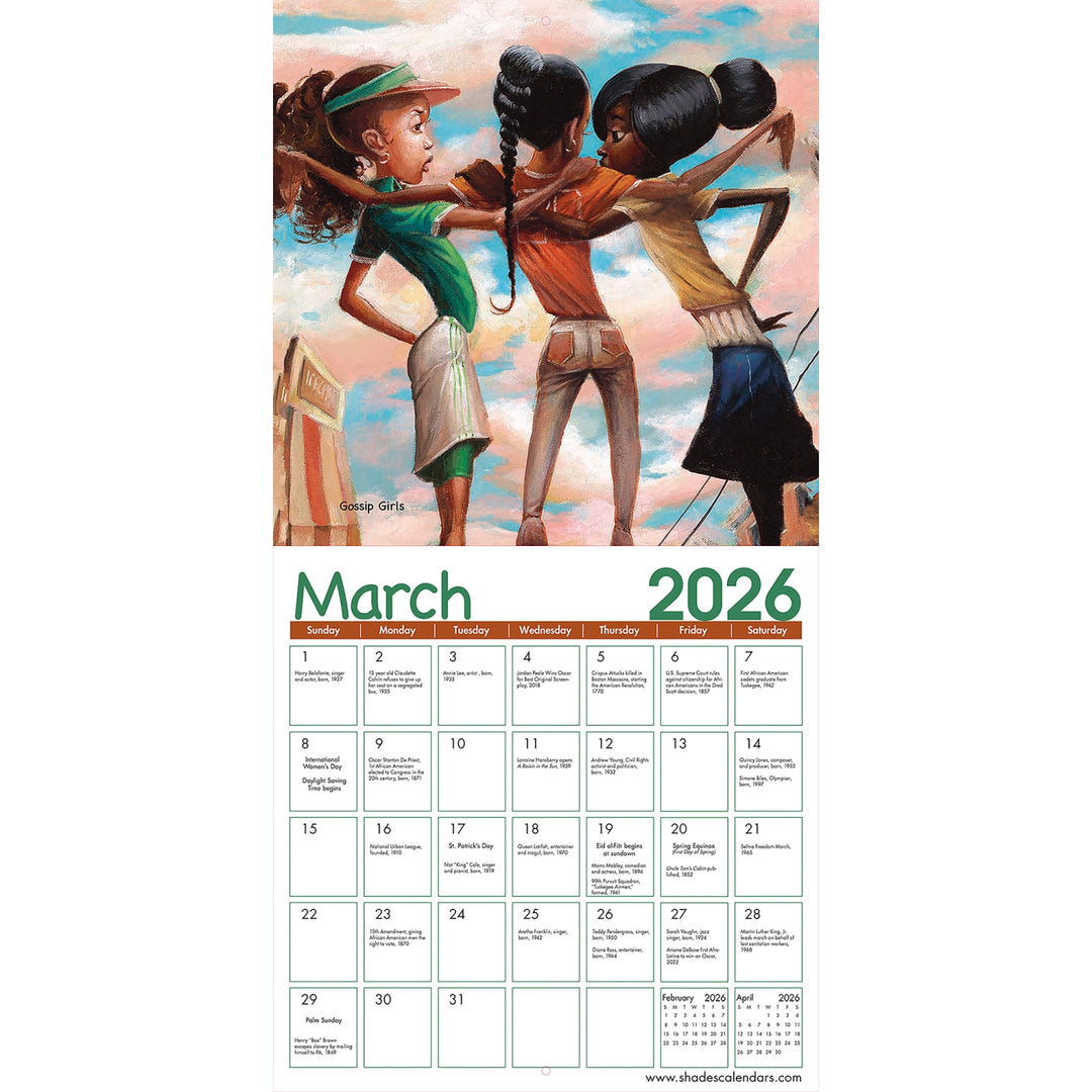 Shades of Color Kids by Frank Morrison: 2026 African American Calendar (Inside 3) - Calendar for March 2026 with artistic depiction of three women on a white background