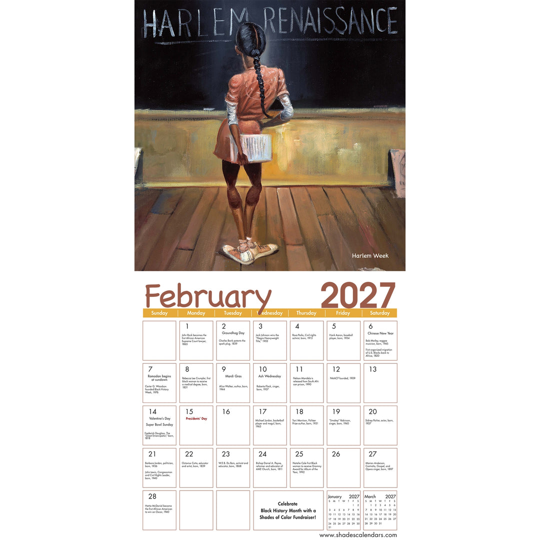 Shades of Color Kids: The Art of Frank Morrison 2027 African American Wall Calendar (February 2027 Interior) - A calendar page for Harlem Renaissance Week, February 2027, featuring a painted scene of a girl standing in front of a chalkboard in a classroom, with a monthly calendar grid below.
