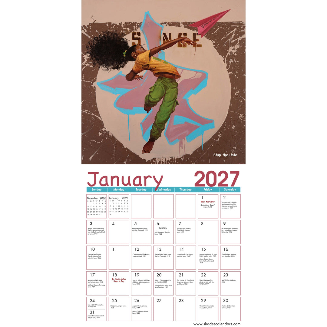 Shades of Color Kids: The Art of Frank Morrison 2027 African American Wall Calendar (January 2027 Interior) - A January 2027 wall calendar page featuring a stylized illustrated figure with an airplane at the top and a grid of days below on a white background.