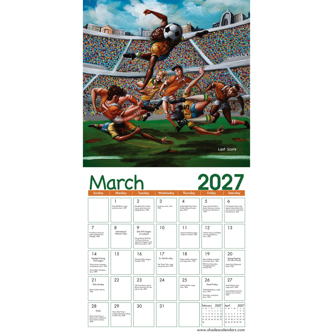 Shades of Color Kids: The Art of Frank Morrison 2027 African American Wall Calendar (March 2027 Interior) - A wall calendar page for March 2027 with a large sports illustration at the top showing multiple rugby players in a stadium and the text 'Last Song.' Below is a monthly calendar grid with days, week days, and a small April 2027 preview at the bottom.