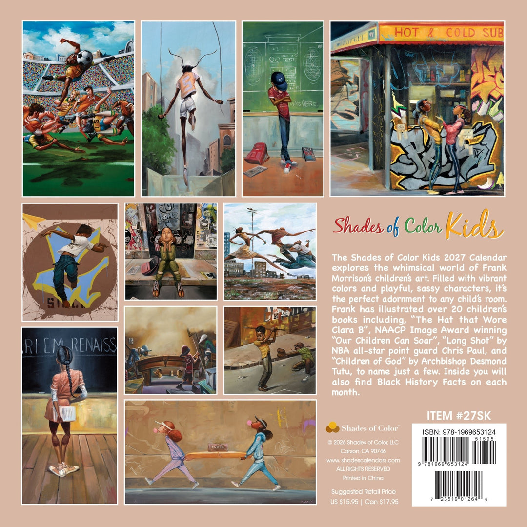 Shades of Color Kids: The Art of Frank Morrison 2027 African American Wall Calendar (Rear Cover) - Back cover of the Shades of Color Kids 2027 Calendar, featuring a grid of nine vintage-style illustrations depicting children in various artistic and sports scenes, alongside product description and barcode details on a warm beige background.