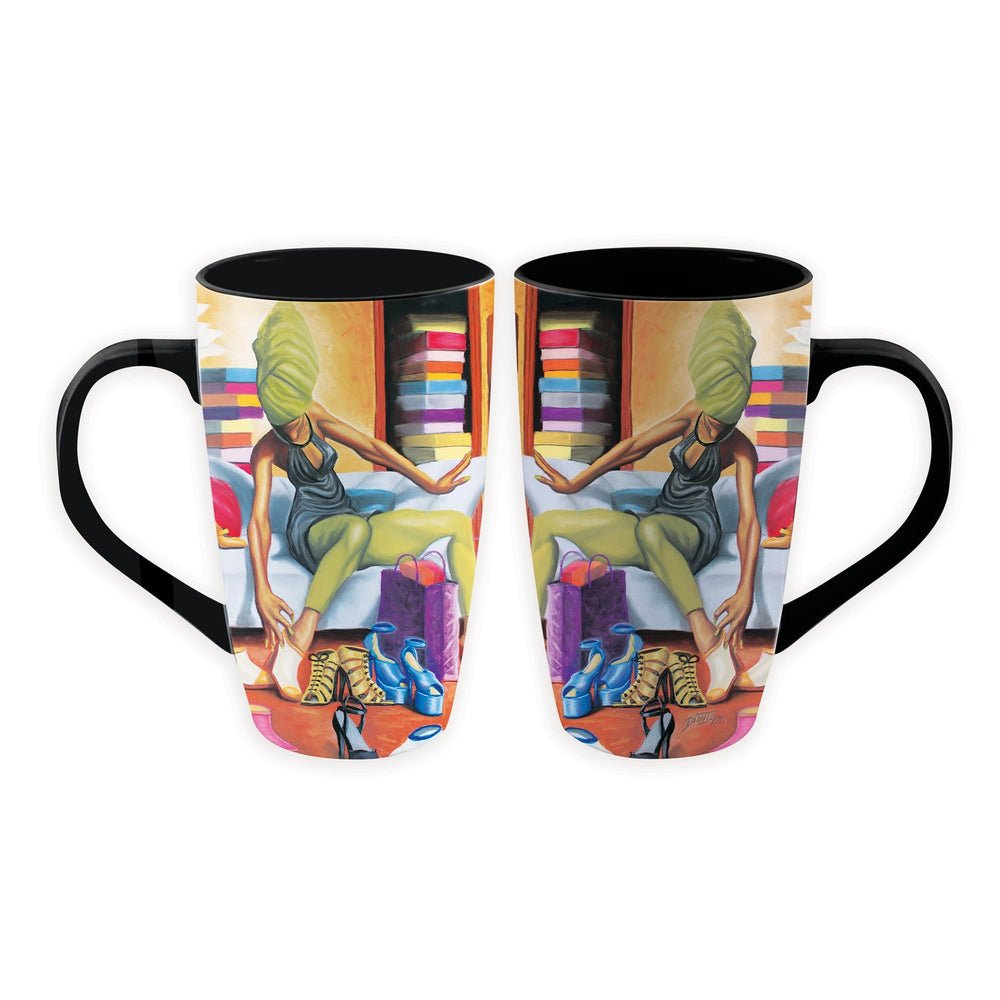 Shoe Addict Ceramic Latte Mug by Dion Pollard (Main) - Two ceramic mugs with black handles and black interiors, featuring a colorful printed illustration of a woman sitting on a bed with striped wallpaper, purple gift boxes, and blue shoes.