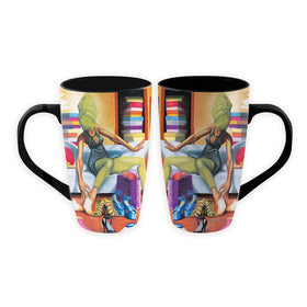 Shoe Addict Ceramic Latte Mug by Dion Pollard (Main) - Two ceramic mugs with black handles and black interiors, featuring a colorful printed illustration of a woman sitting on a bed with striped wallpaper, purple gift boxes, and blue shoes.