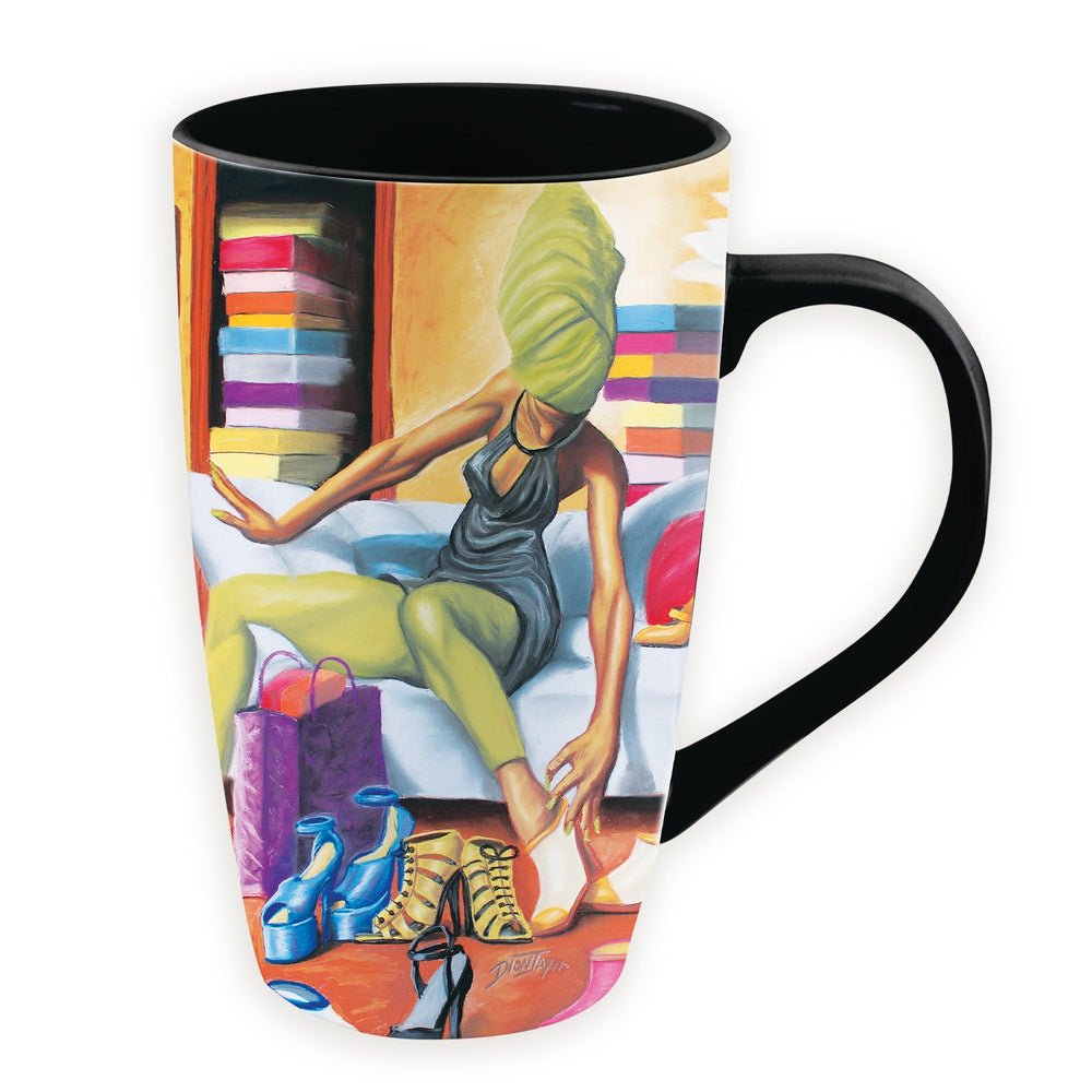 Shoe Addict Ceramic Latte Mug by Dion Pollard (Rear) - A black ceramic coffee mug featuring a colorful printed illustration of a woman in a gray dress and green headwrap sitting on a couch with shopping bags and high heels.