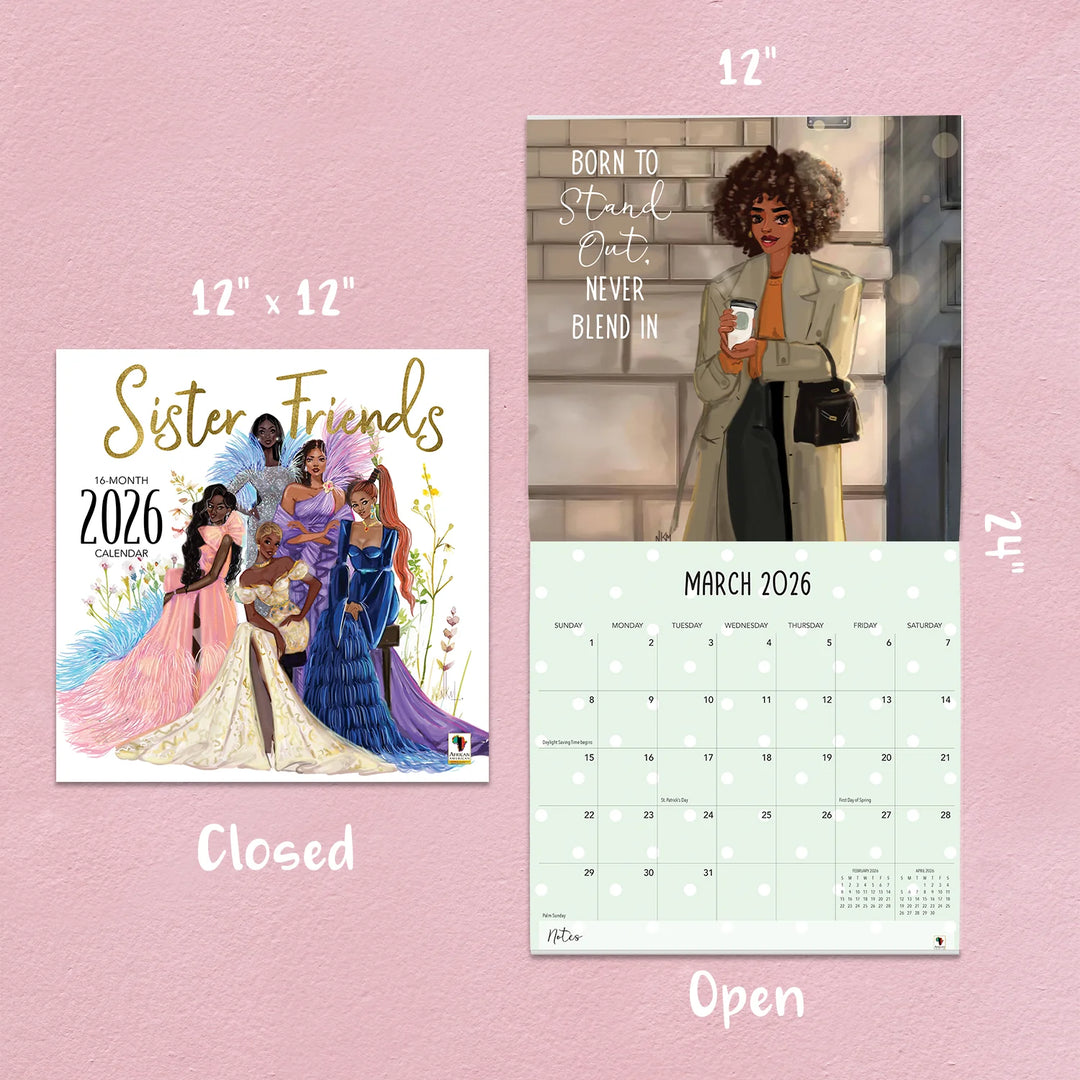 Sister Friends by Nicholle Kobi: 2026 African American Wall Calendar (Sizing Guide)