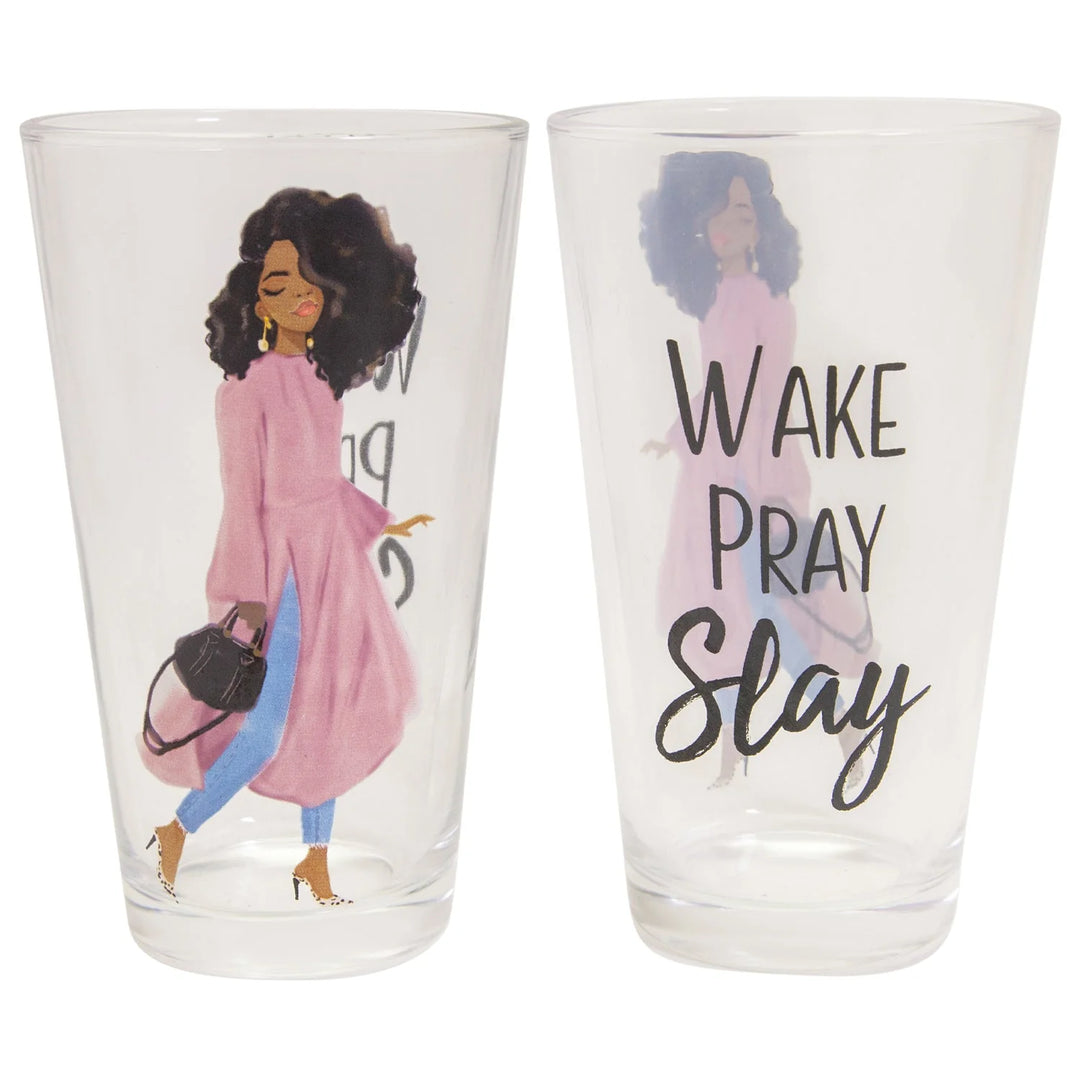 Wake, Pray and Slay Drinking Glass by Nicholle Kobi