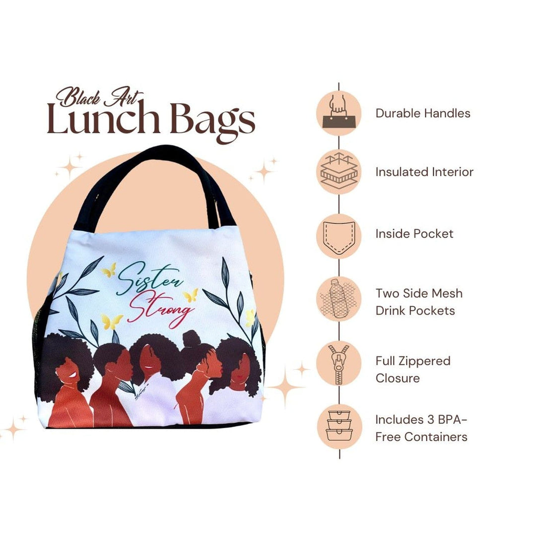 Janine Kai Robinson's Sister Strong lunch bag featuring Black women silhouettes (infographic)
