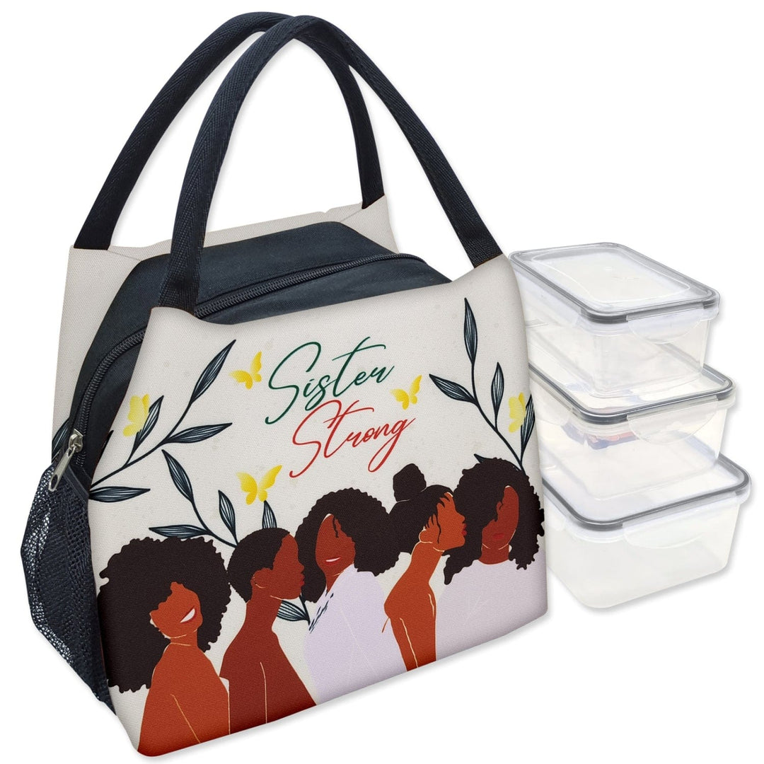 Janine Kai Robinson's Sister Strong lunch bag featuring Black women silhouettes