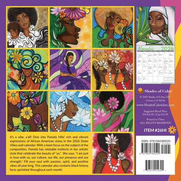 Sister Vibes: The Art of Pamela HIlls: 2026 African American Calendar (Back) - Calendar cover with artistic illustrations of women of color on a purple background