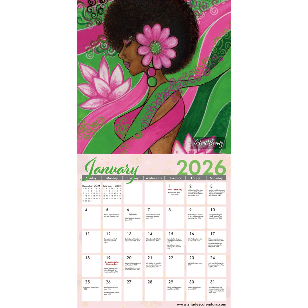 Sister Vibes: The Art of Pamela HIlls: 2026 African American Calendar (Inside 3) - Calendar for January 2026 featuring a stylized illustration of a woman with flowers, with 'Shades of Beauty' branding.