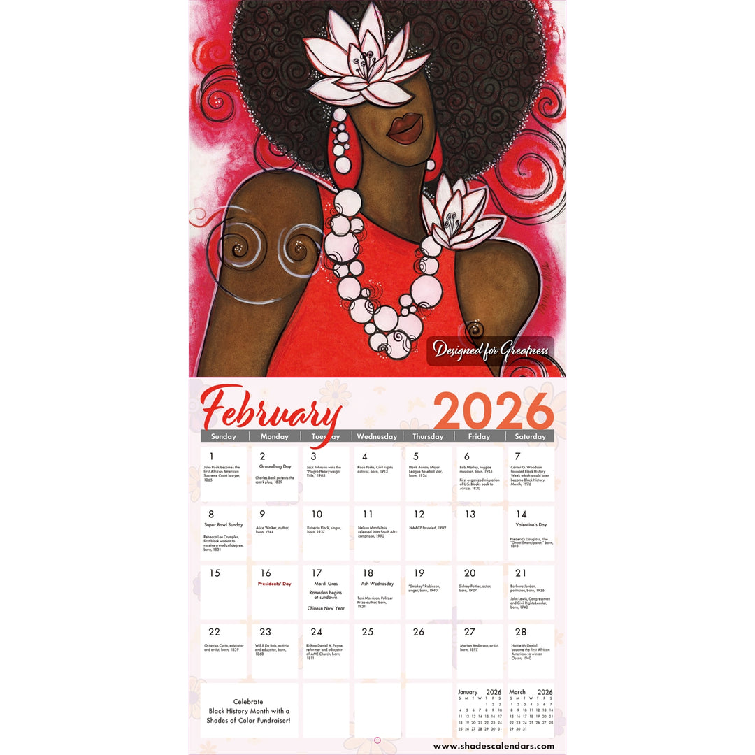 Sister Vibes: The Art of Pamela HIlls: 2026 African American Calendar (Inside) - Calendar for February 2026 featuring an illustration of a woman with flowers in her hair on a white background.