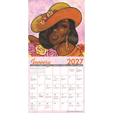 Sister Vibes: The Art of Pamela Hills 2027 Wall Calendar (Interior, January) - A vertical wall calendar page showing the month of January 2027 with a stylized portrait illustration above it. The artwork features a woman in a large orange-yellow hat with flowers, pink roses, and a pink watercolor background.