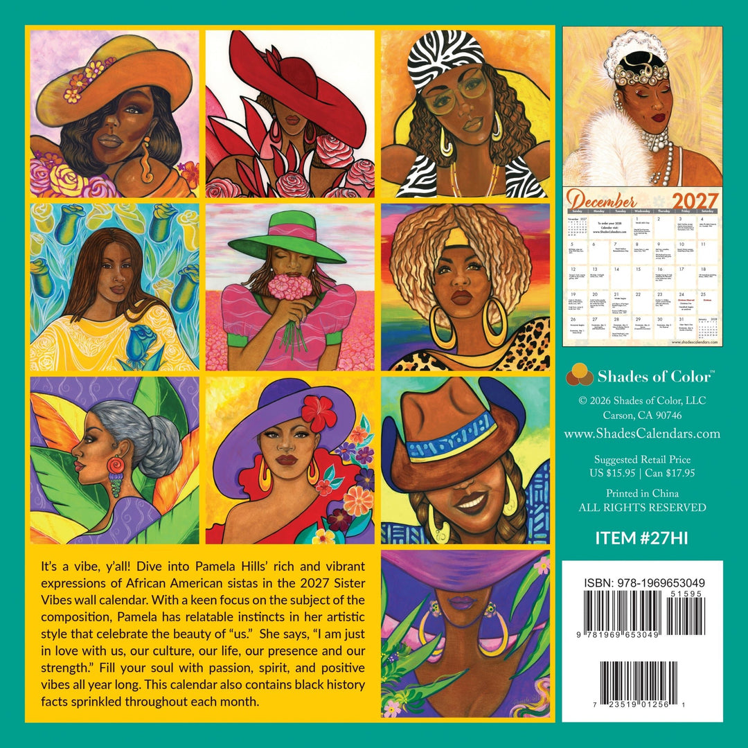 Sister Vibes: The Art of Pamela Hills 2027 Wall Calendar (Rear) - Back cover of a December 2027 Sister Wives wall calendar by Shades of Color, featuring a colorful 3x3 grid of illustrated portraits in vibrant African American and Black American style, with product details and barcode on the right.
