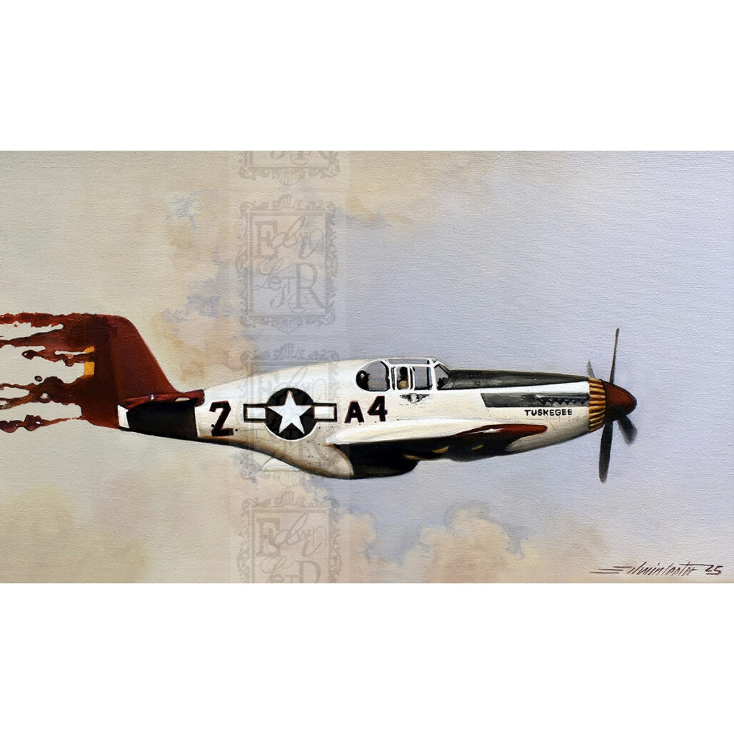 Six Liters & Counting: Tuskegee Airmen by Edwin Lester (Detail) - Painting of a vintage airplane with a star emblem on a textured background