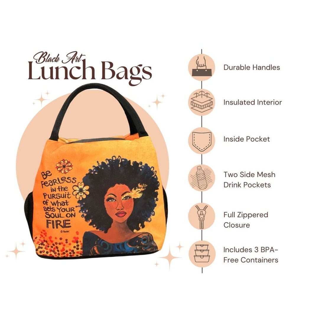 Sylvia "GBaby" Cohen's Soul on Fire lunch bag featuring a Black Woman and motivation sentiments about pursuing your passion. (Infographic)