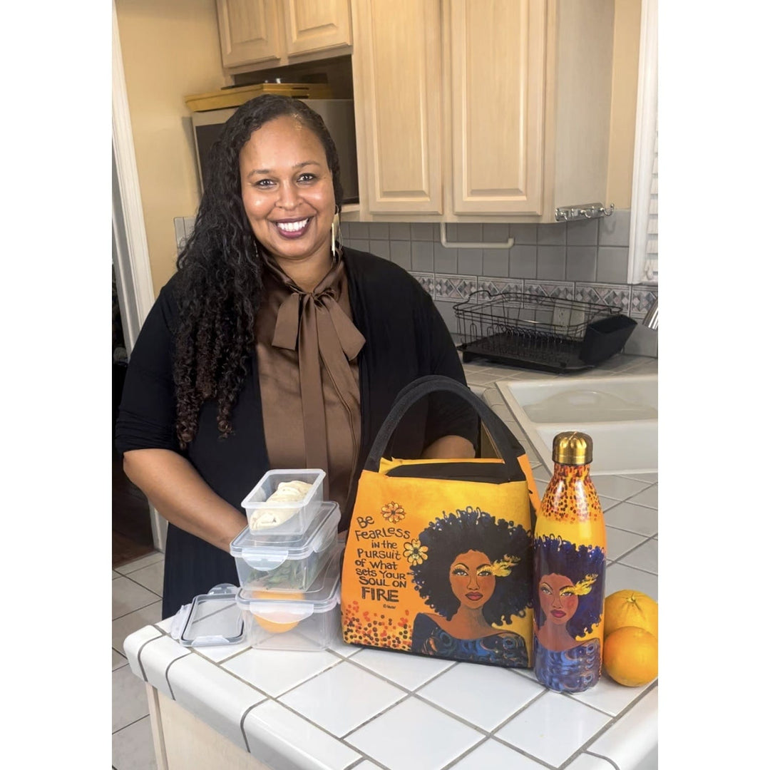 Sylvia "GBaby" Cohen's Soul on Fire lunch bag featuring a Black Woman and motivation sentiments about pursuing your passion. (Lifestyle 2)