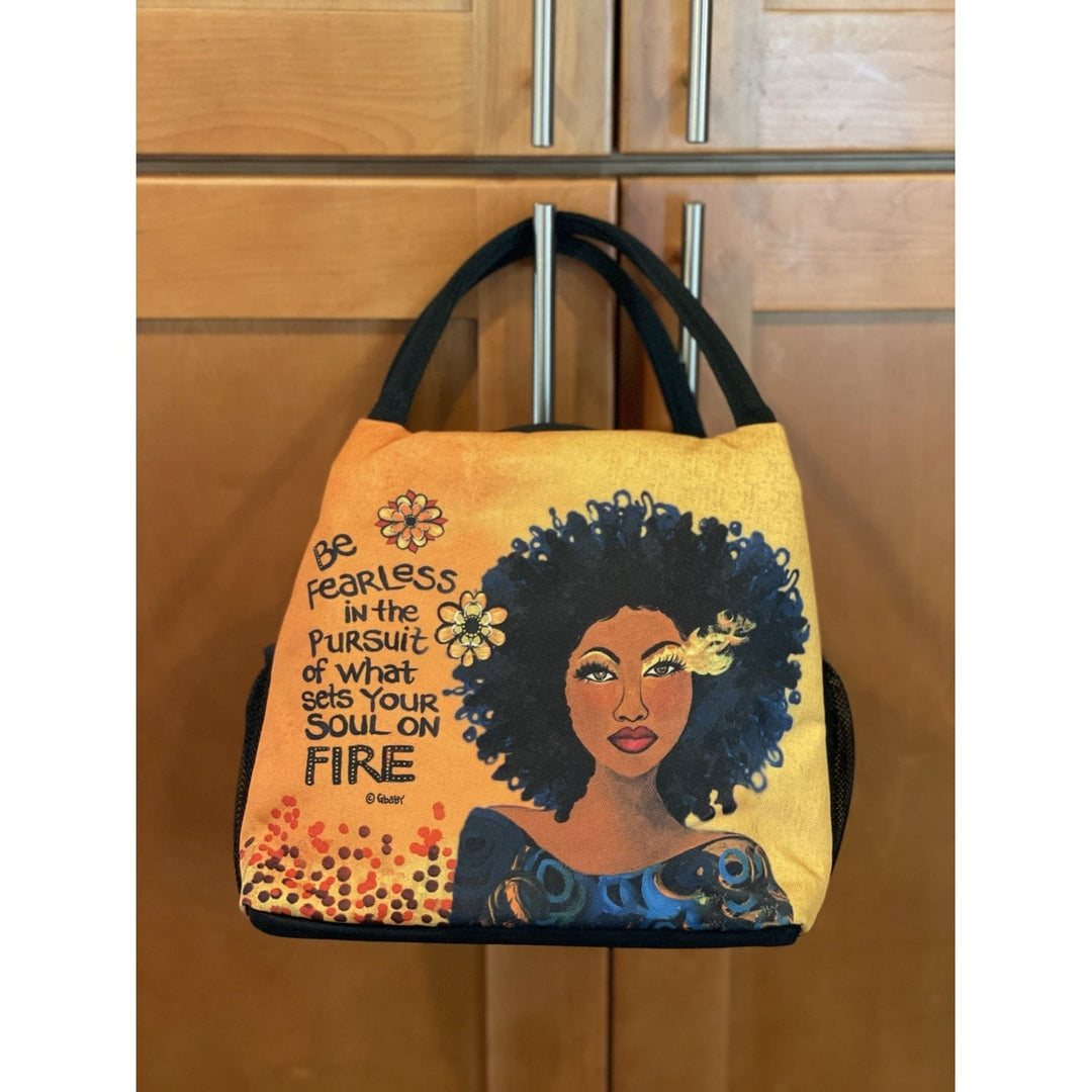 Sylvia "GBaby" Cohen's Soul on Fire lunch bag featuring a Black Woman and motivation sentiments about pursuing your passion. (Lifestyle 3)