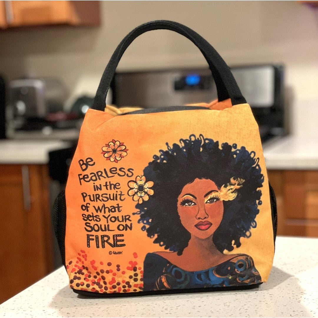 Sylvia "GBaby" Cohen's Soul on Fire lunch bag featuring a Black Woman and motivation sentiments about pursuing your passion. (Lifestyle 4)