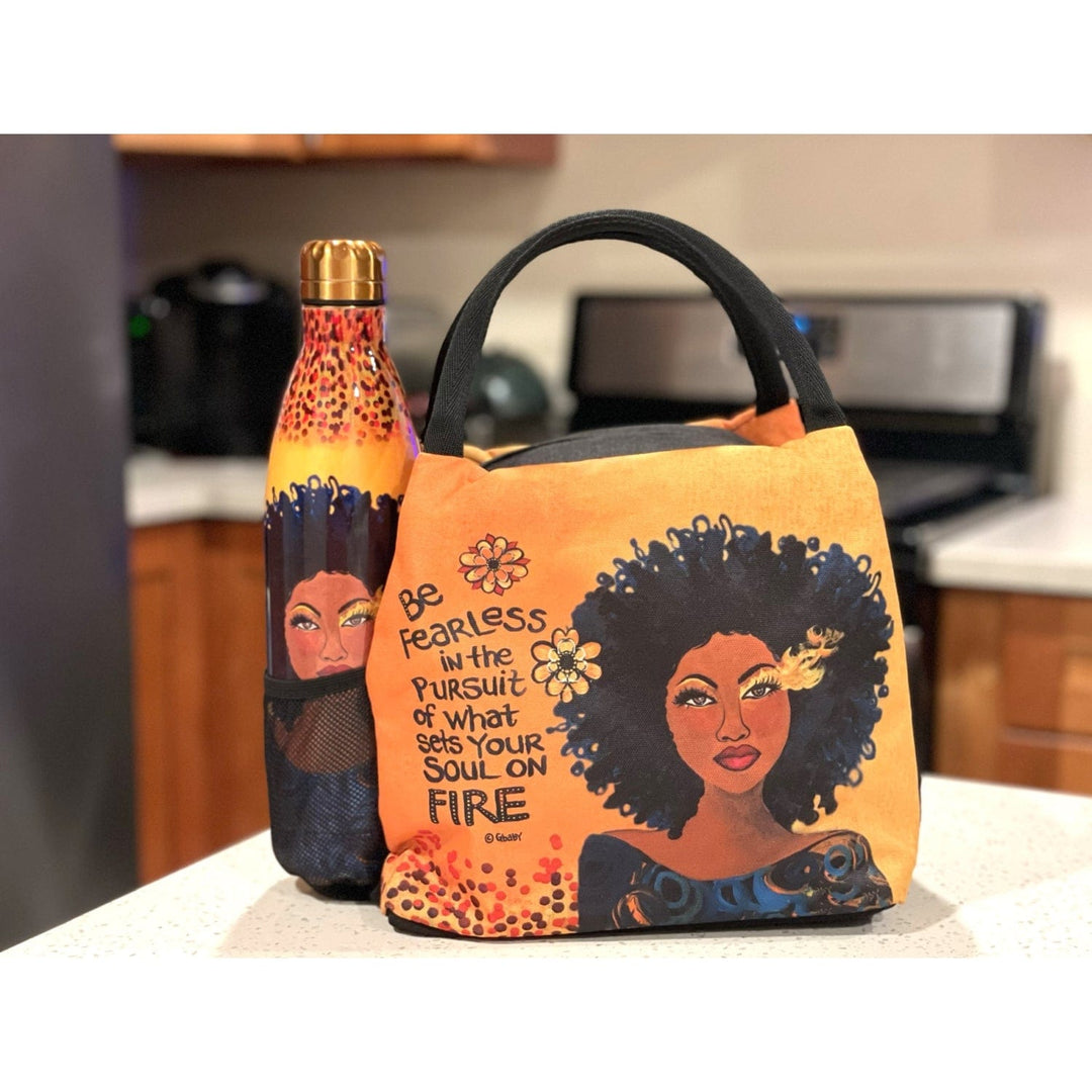 Sylvia "GBaby" Cohen's Soul on Fire lunch bag featuring a Black Woman and motivation sentiments about pursuing your passion. (Lifestyle 5)