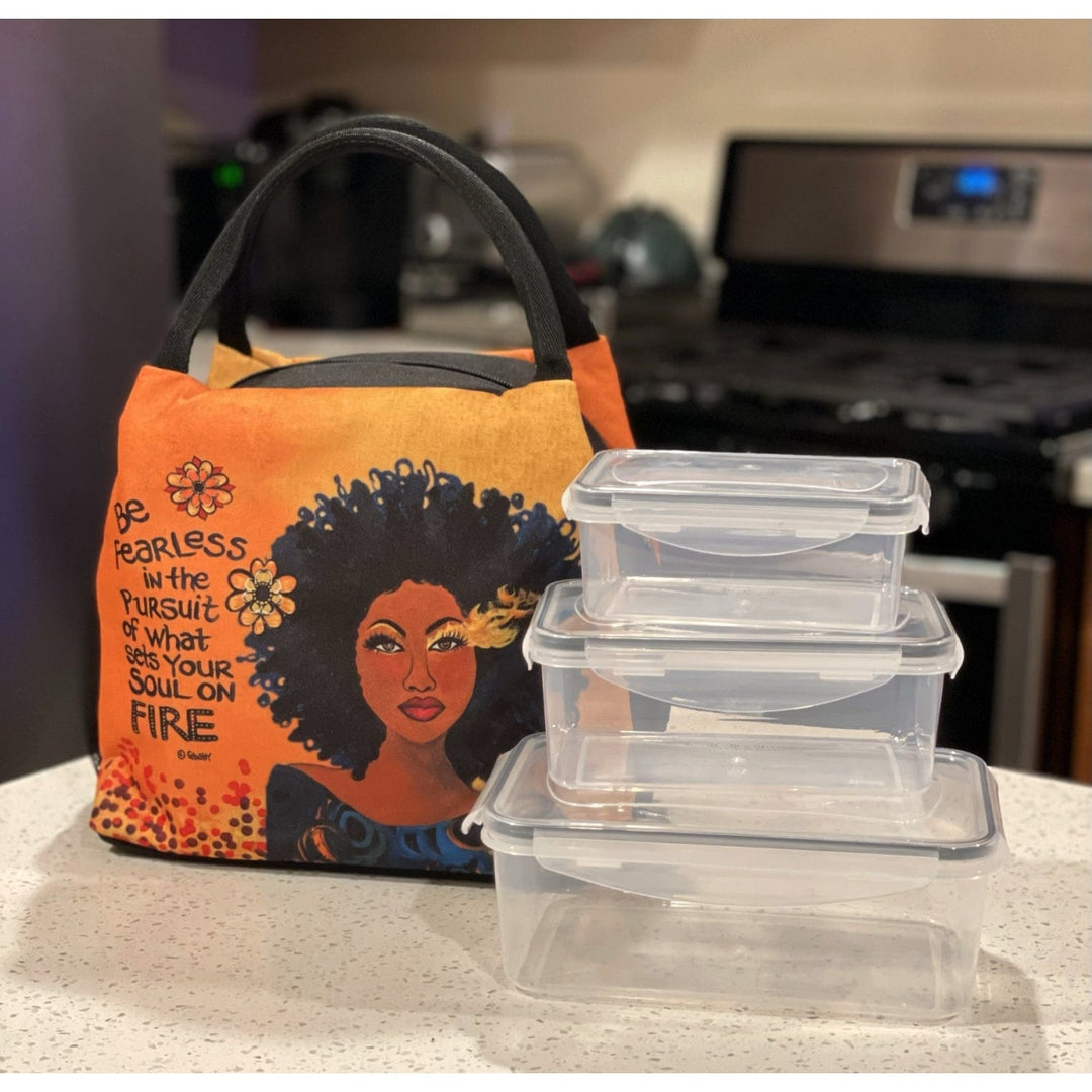 Sylvia "GBaby" Cohen's Soul on Fire lunch bag featuring a Black Woman and motivation sentiments about pursuing your passion. (Lifestyle 6)