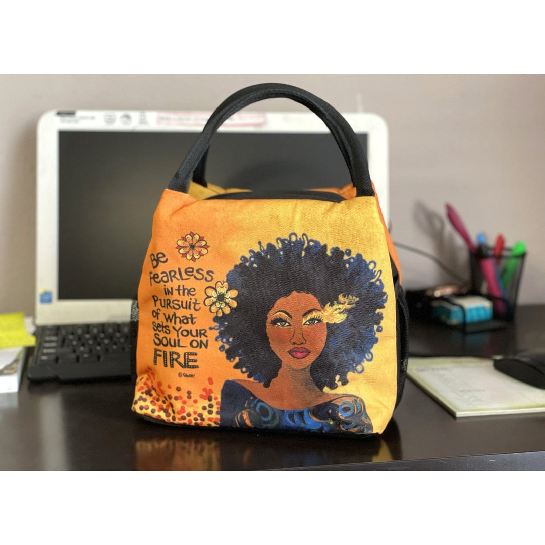 Sylvia "GBaby" Cohen's Soul on Fire lunch bag featuring a Black Woman and motivation sentiments about pursuing your passion. (Lifestyle 7)